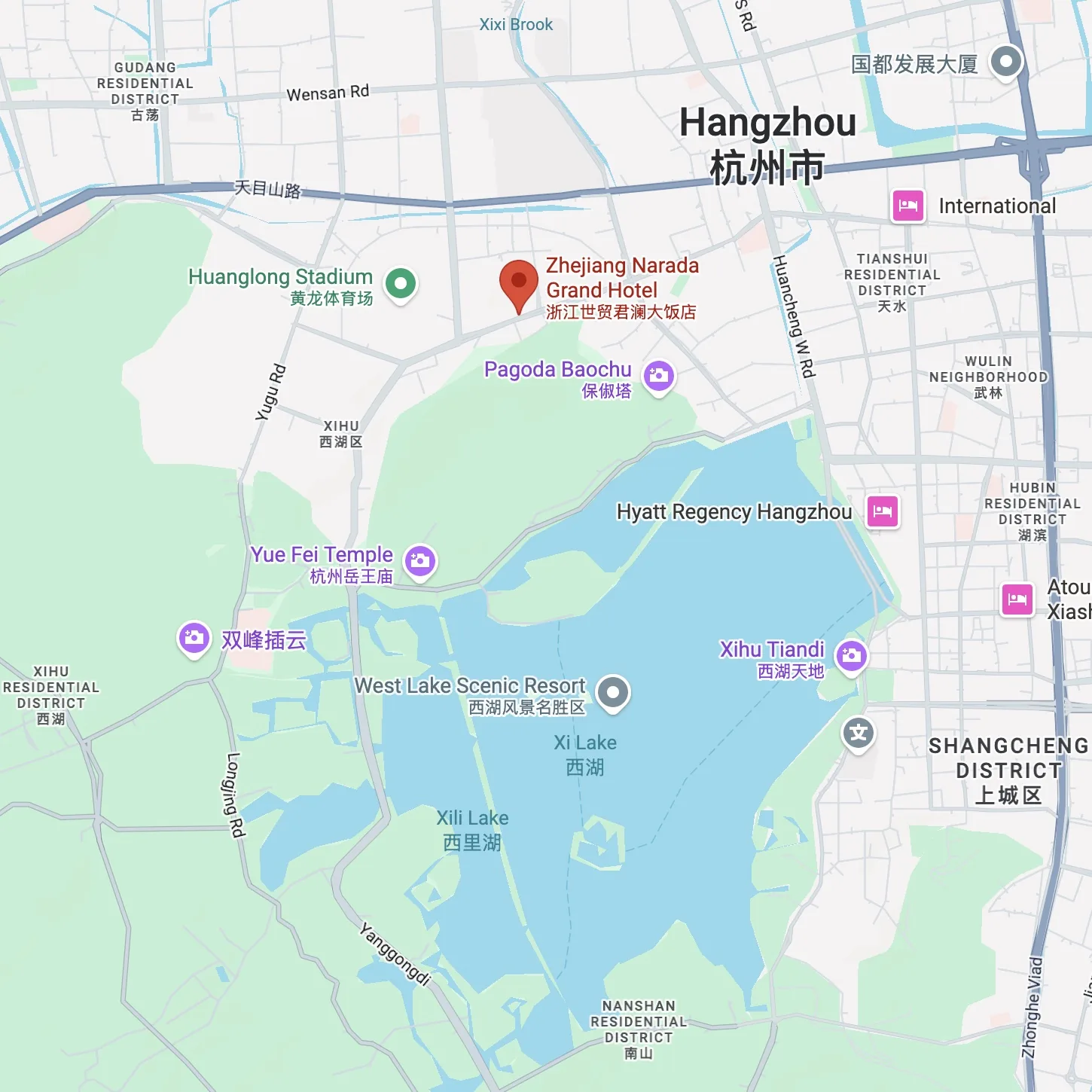 Map showing the location of Zhejiang Narada Grand Hotel in Hangzhou